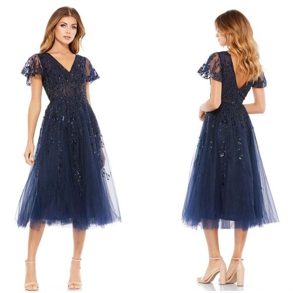 Mac Duggal Midnight Blue Embellished Flutter Sleeve Tea-Length Dress Size 0 NEW! - Picture 9 of 13